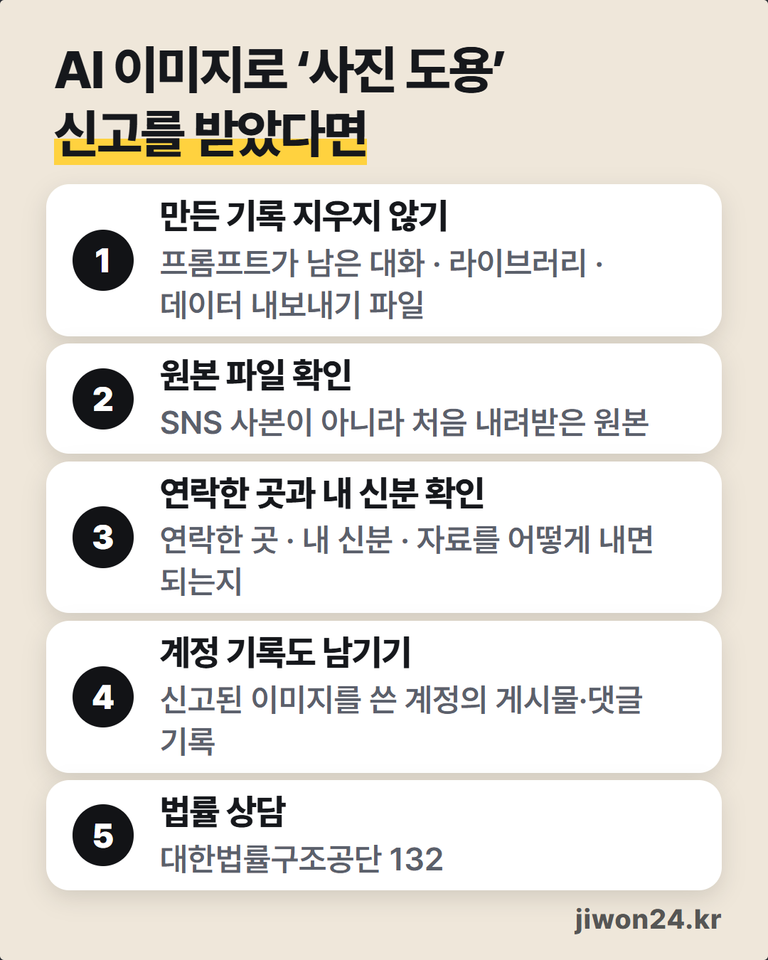 세로 카드. 제목 ‘AI 이미지로 ‘사진 도용’ 신고를 받았다면’ 아래 번호 순서 다섯 단계: 1 만든 기록 지우지 않기, 2 원본 파일 확인, 3 연락한 곳과 내 신분 확인, 4 계정 기록도 남기기, 5 법률 상담 대한법률구조공단 132.