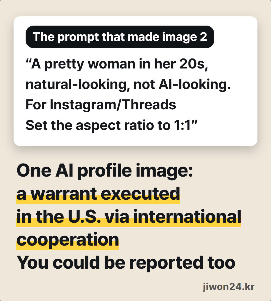 Card. A white box ‘The prompt that made image 2’ with “A pretty woman in her 20s, natural-looking, not AI-looking. For Instagram/Threads / Set the aspect ratio to 1:1”, then ‘One AI profile image: a warrant executed in the U.S.’