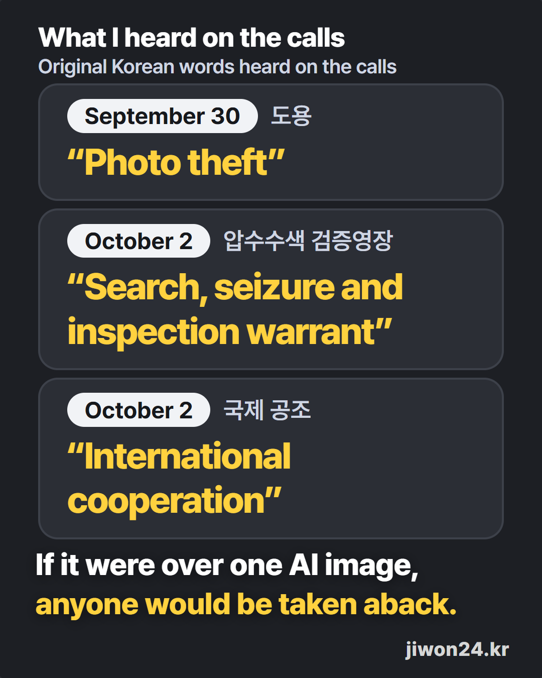 Dark card. Heading ‘What I heard on the calls’, a label ‘Original Korean words heard on the calls’, three boxes with Korean originals: Sept. 30 “Photo theft”, Oct. 2 “Search, seizure and inspection warrant”, Oct. 2 “International cooperation”.