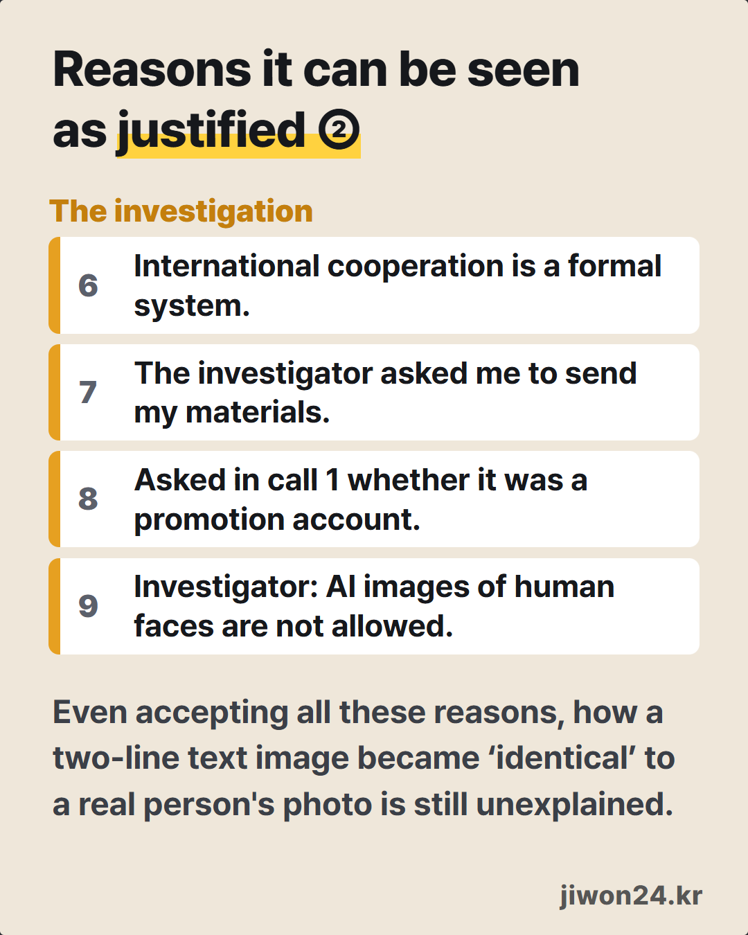 Card. Heading ‘Reasons it can be seen as justified ②’, group ‘The investigation’, items 6–9 (international cooperation is formal; materials requested; promotion account asked; AI faces not allowed), and a line that ‘identical’ is still unexplained.