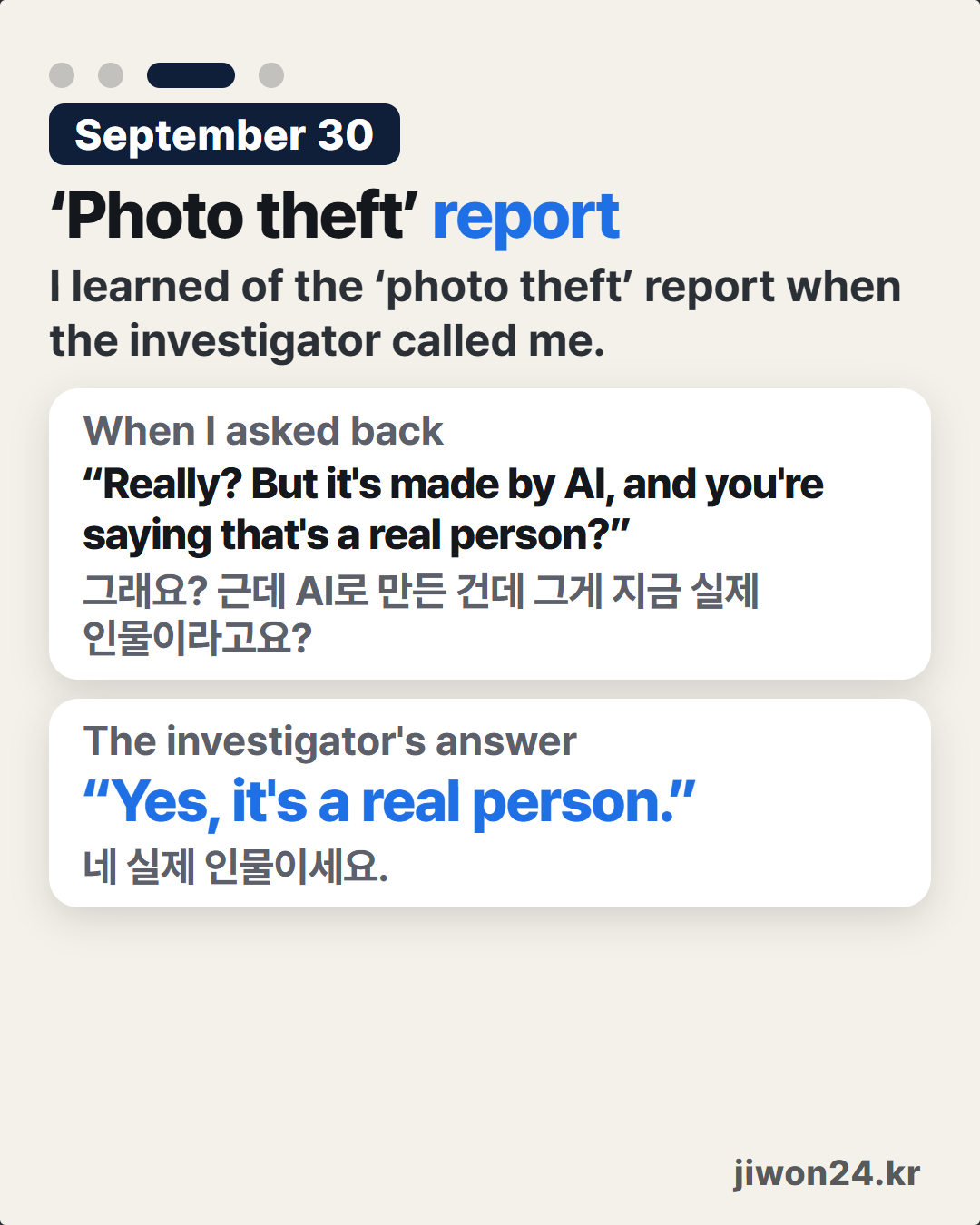 Vertical card. On a pale background, ‘September 30’, ‘‘Photo theft’ report’, ‘I learned of the ‘photo theft’ report when the investigator called me.’ Two white boxes below: ‘When I asked back’ “Really? But it's made by AI, and you're saying that's a real person?”, ‘The investigator's answer’ “Yes, it's a real person.” ‘jiwon24.kr’ at lower right. Of the four dots at the top, the third is lit long. No photo.