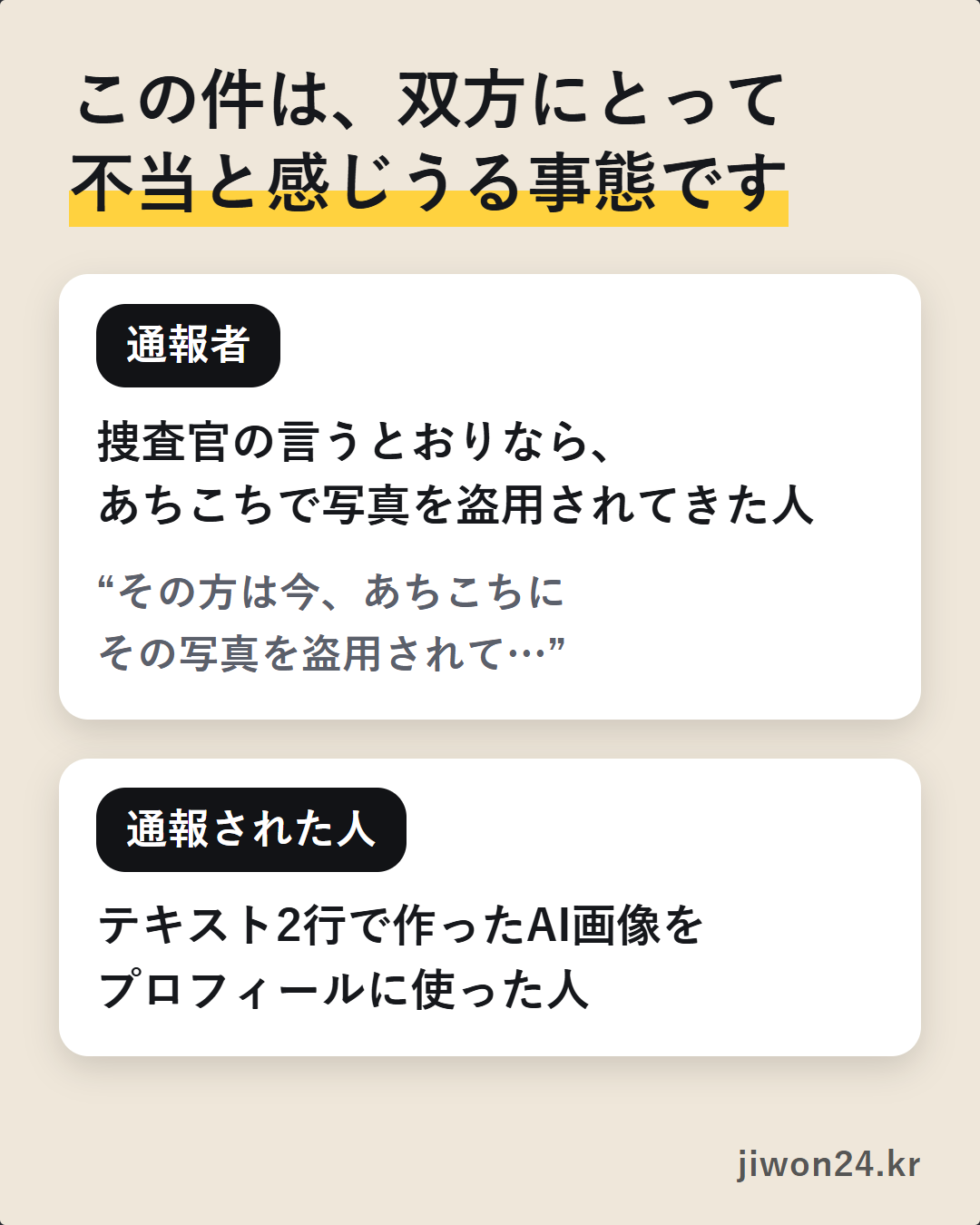 ベージュ色のカード。見出し『この件は、双方にとって不当と感じうる事態です』の下に二つの白い枠があり、「通報者」は捜査官の言うとおりならあちこちで写真を盗用されてきた人、「通報された人」はテキスト2行で作ったAI画像をプロフィールに使った人と書かれています。