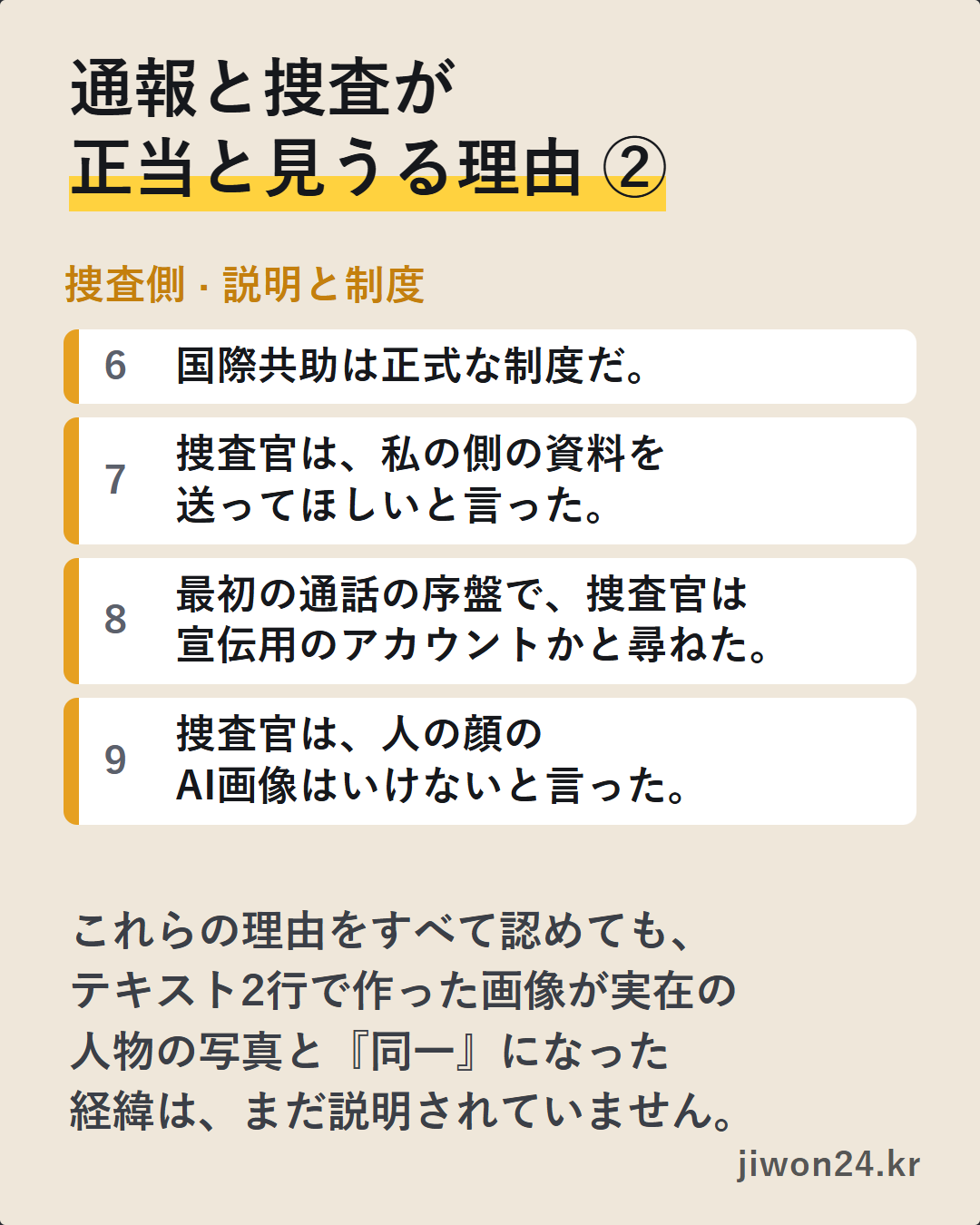 ベージュ色のカード。見出し『通報と捜査が正当と見うる理由 ②』の下に、捜査側の4つ(国際共助は正式な制度、資料の送付要請、宣伝用アカウントかの質問、人の顔のAI画像はいけない)が並び、最後に、『同一』になった経緯はまだ説明されていないという一文があります。