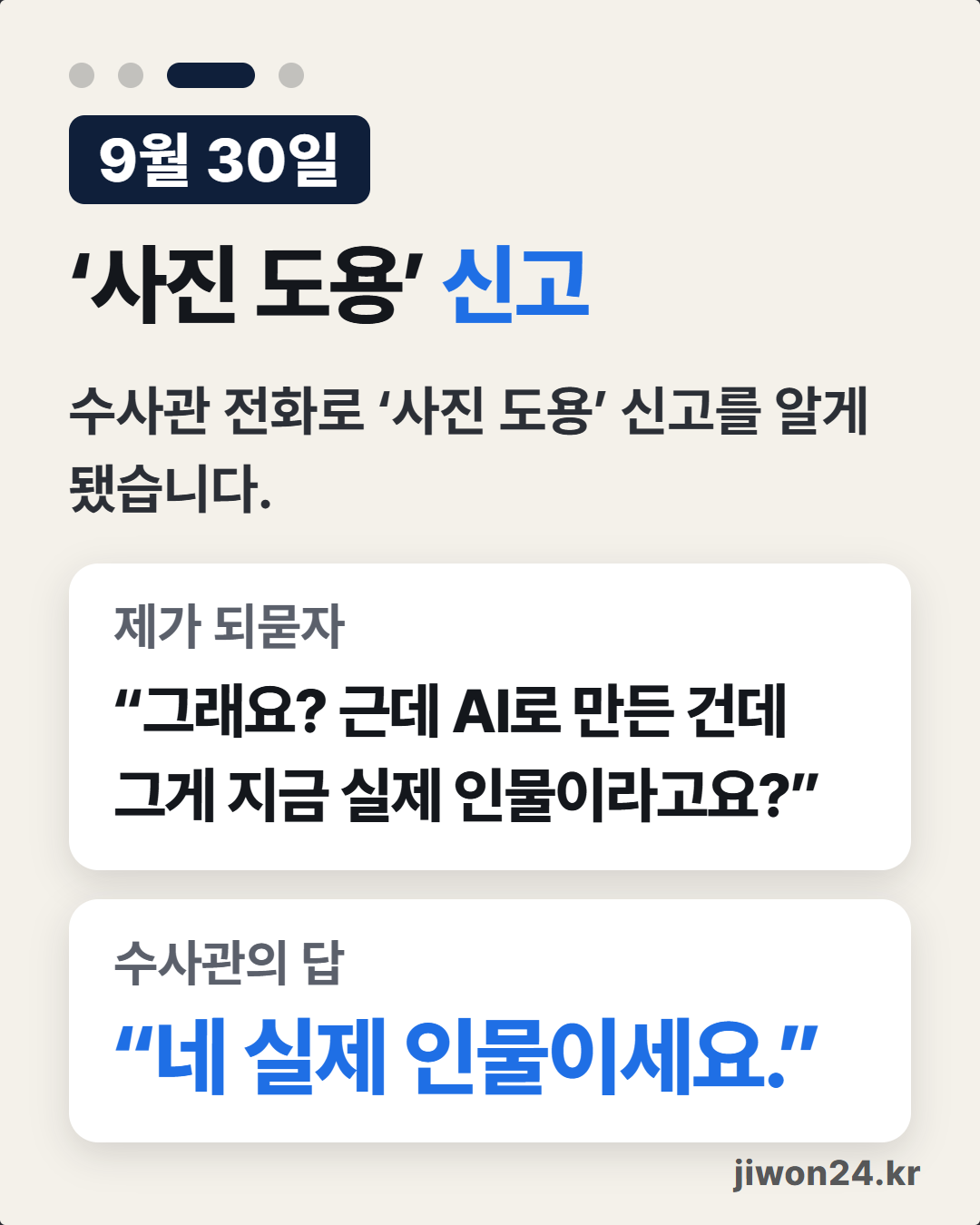 세로 카드. 연한 바탕 위에 ‘9월 30일’, ‘‘사진 도용’ 신고’, ‘수사관 전화로 ‘사진 도용’ 신고를 알게 됐습니다.’ 아래 흰 상자 둘: ‘제가 되묻자’ “그래요? 근데 AI로 만든 건데 그게 지금 실제 인물이라고요?”, ‘수사관의 답’ “네 실제 인물이세요.” 오른쪽 아래에 ‘jiwon24.kr’. 위쪽 네 점 가운데 셋째가 길게 켜짐. 사진 없음.