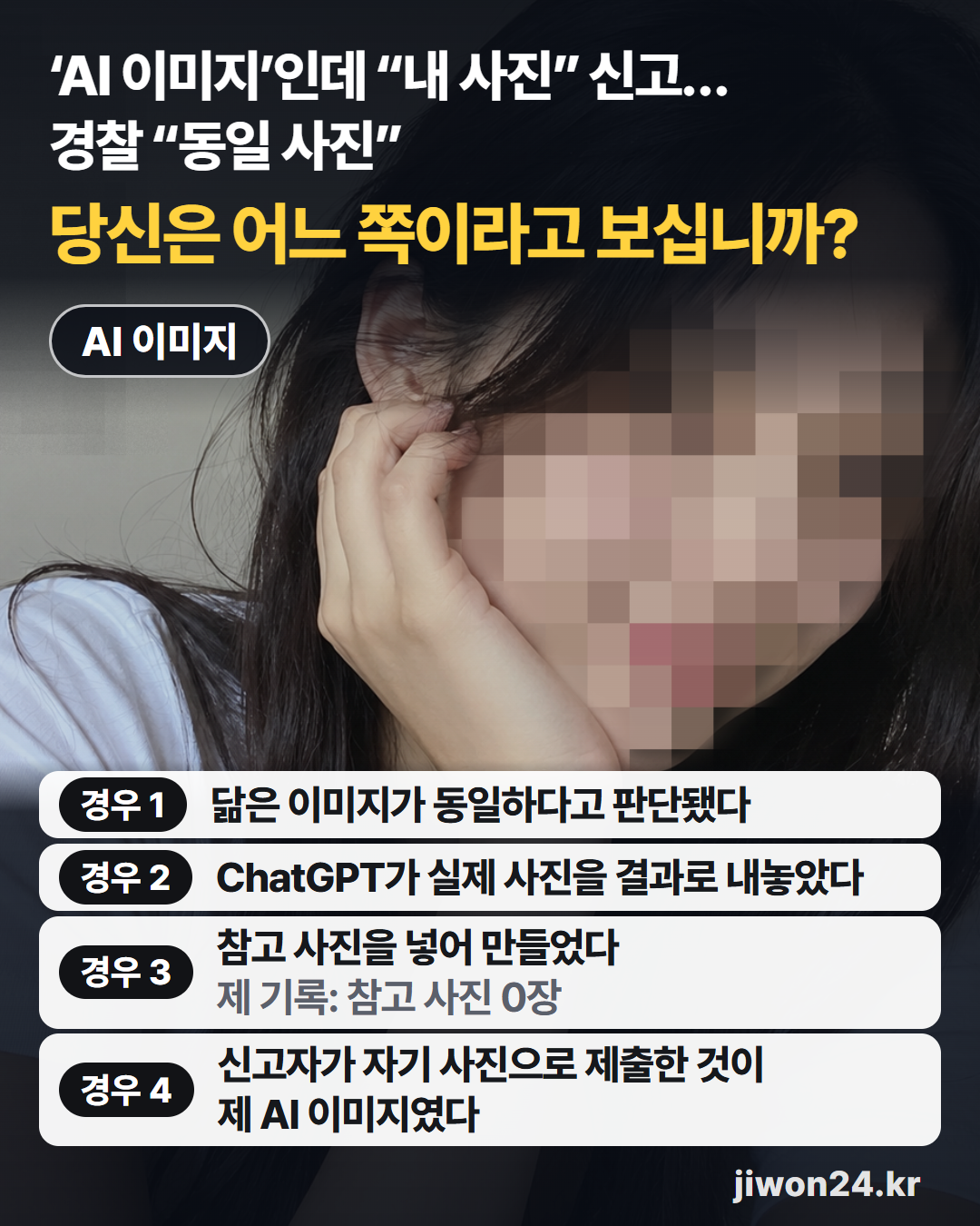 세로 카드. 맨 위 ‘‘AI 이미지’인데 “내 사진” 신고… 경찰 “동일 사진”’과 노란 글자 ‘당신은 어느 쪽이라고 보십니까?’. 배경은 얼굴을 모자이크한 2번 이미지이고 ‘AI 이미지’ 꼬리표가 있습니다. 아래에 경우 1 닮은 이미지가 동일하다고 판단됐다, 경우 2 ChatGPT가 실제 사진을 결과로 내놓았다, 경우 3 참고 사진을 넣어 만들었다(제 기록: 참고 사진 0장), 경우 4 신고자가 자기 사진으로 제출한 것이 제 AI 이미지였다.