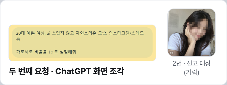 ChatGPT 화면의 일부를 잘라 낸 그림. 말풍선 안에 “20대 예쁜 여성, ai 스럽지 않고 자연스러운 모습. 인스타그램/스레드 용 / 가로세로 비율을 1:1로 설정해줘”가 적혀 있고 프롬프트 2 글자는 노란색 표시. 아래 2번 결과 이미지는 얼굴과 배경 벽을 모자이크로 가렸습니다.