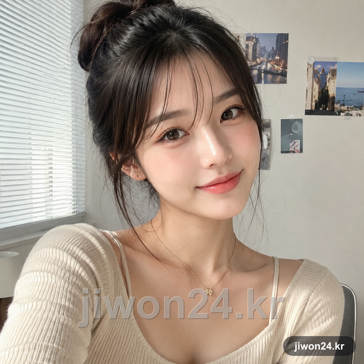 ChatGPT가 첫 번째 요청으로 만든 1번 이미지. 머리를 틀어 올리고 앞머리를 내린 여성이 창가 블라인드 앞에서 미소 짓는 상반신 이미지 형태이며, 벽에 도시와 바다 풍경 사진 세 장이 붙어 있습니다. 아래쪽에 ‘jiwon24.kr’ 워터마크가 있습니다.
